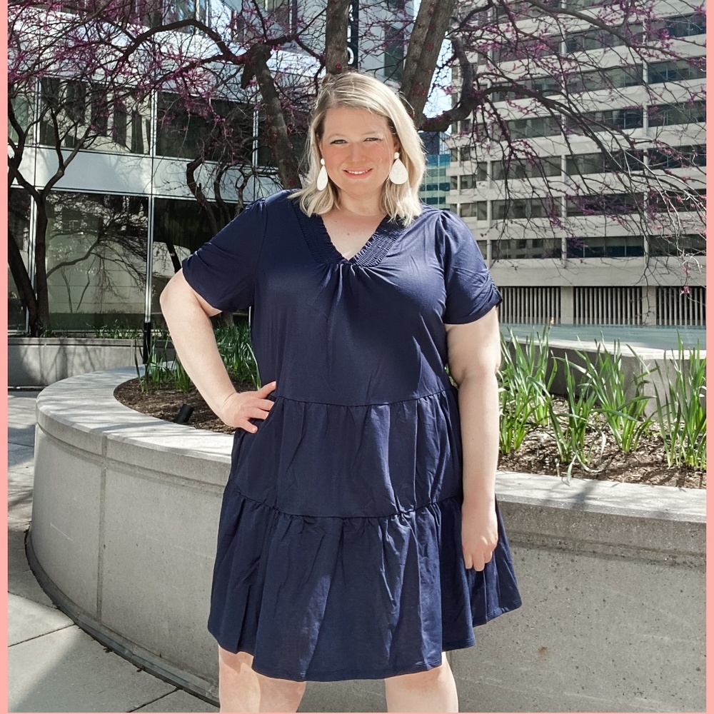 Delegal  Dress Tiered Navy Short Sleeve Dress